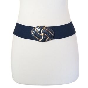 VINTAGE 80's Day-Lor Navy Blue Stretch Belt With Enamel Swirl Metal Buckle OS